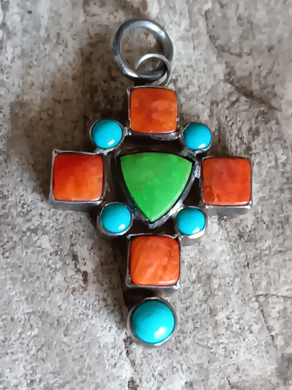 Cross Religion Southwestern Colorful Multi Turquoise 925 Sterling Pendant